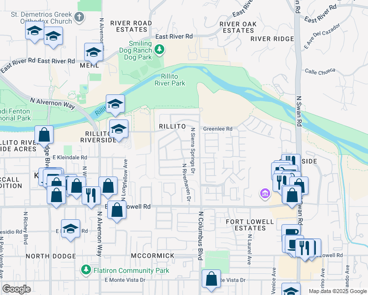 map of restaurants, bars, coffee shops, grocery stores, and more near 4251 East Parting Waters Way in Tucson