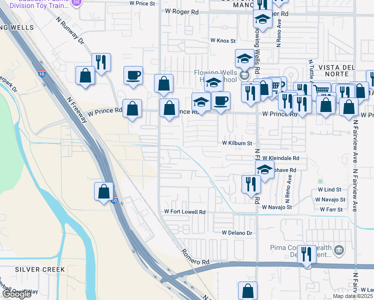 map of restaurants, bars, coffee shops, grocery stores, and more near 1641 West Kilburn Street in Tucson