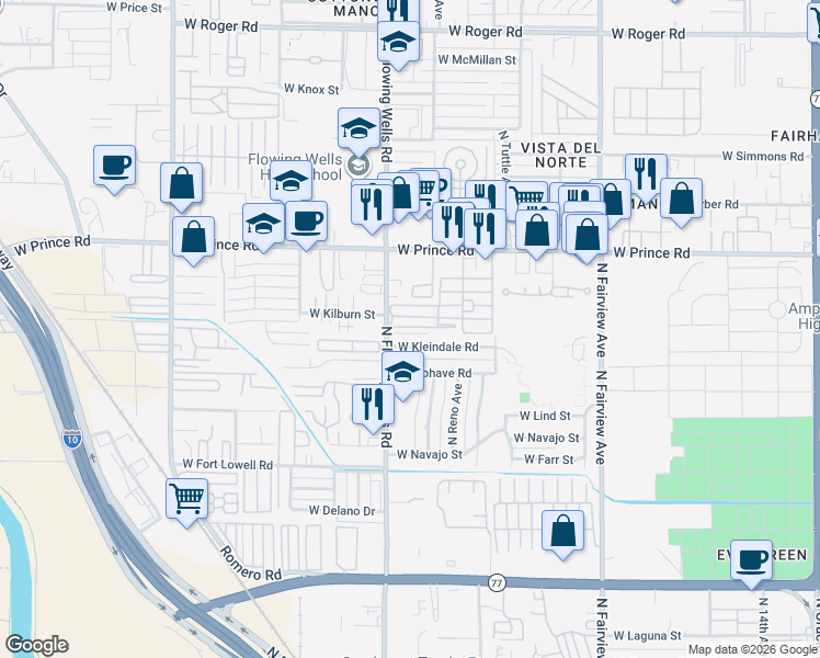 map of restaurants, bars, coffee shops, grocery stores, and more near 3450 North Flowing Wells Road in Tucson