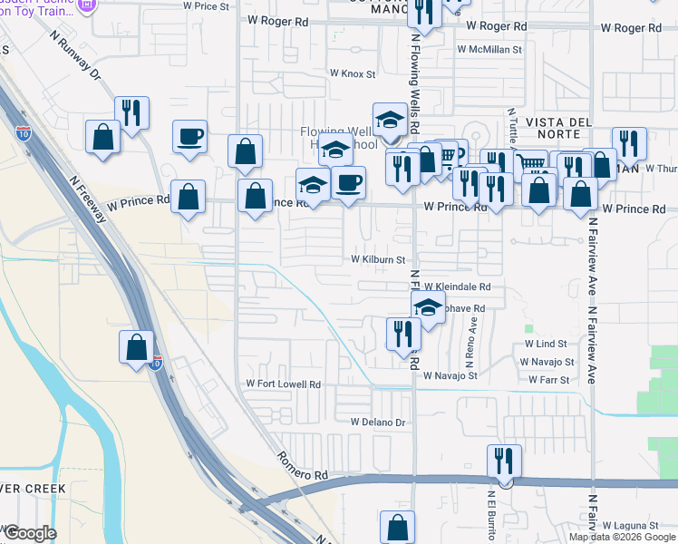 map of restaurants, bars, coffee shops, grocery stores, and more near 1503 West Kilburn Street in Tucson