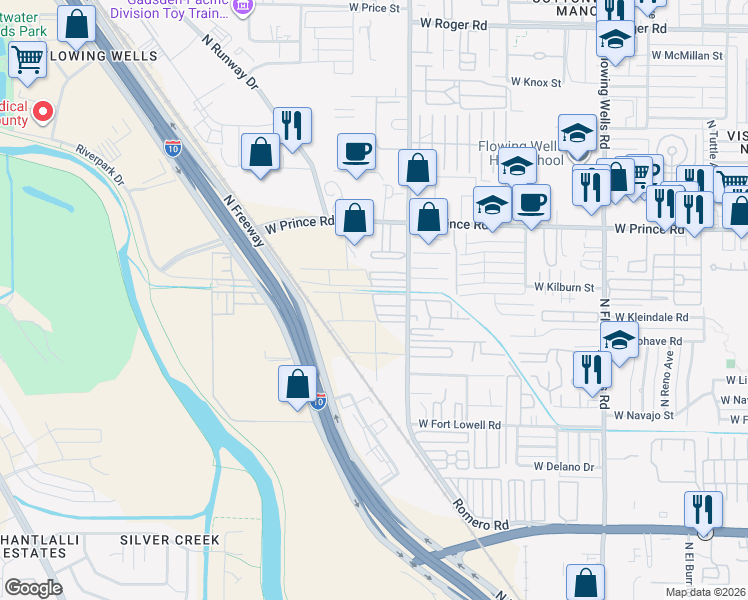 map of restaurants, bars, coffee shops, grocery stores, and more near 3405 North Romero Road in Tucson