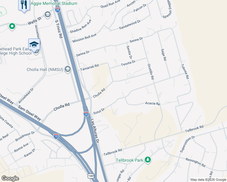 map of restaurants, bars, coffee shops, grocery stores, and more near 4040 Cholla Road in Las Cruces