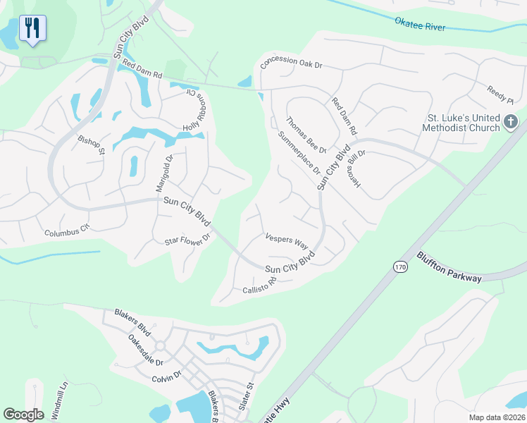 map of restaurants, bars, coffee shops, grocery stores, and more near 43 Vespers Way in Bluffton