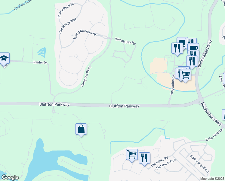 map of restaurants, bars, coffee shops, grocery stores, and more near 10 Sikes Trail in Bluffton