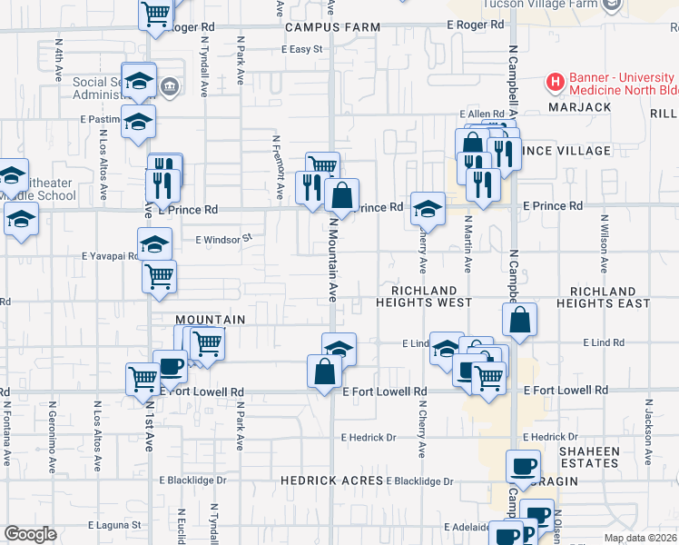 map of restaurants, bars, coffee shops, grocery stores, and more near 3440 North Mountain Avenue in Tucson