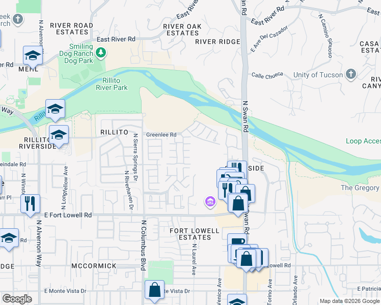 map of restaurants, bars, coffee shops, grocery stores, and more near 4478 East Caladium Place in Tucson