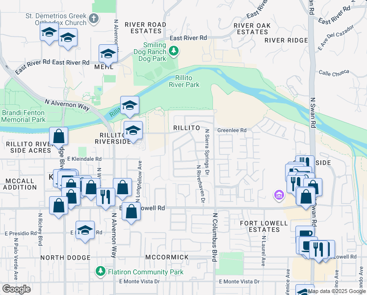 map of restaurants, bars, coffee shops, grocery stores, and more near 4156 East Stone River Drive in Tucson