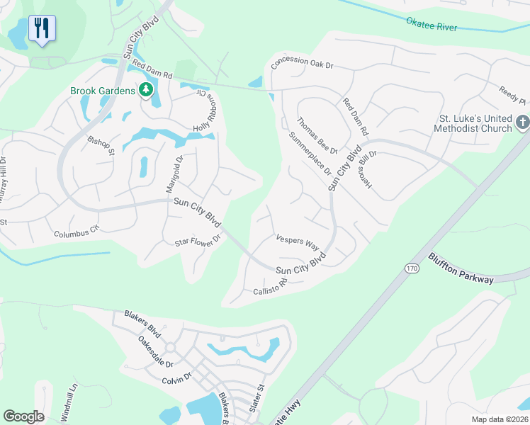 map of restaurants, bars, coffee shops, grocery stores, and more near 43 Vespers Way in Bluffton