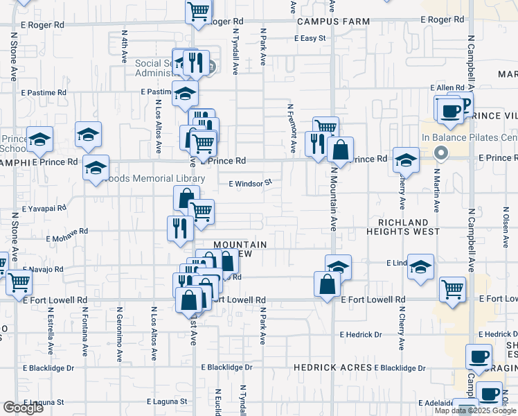 map of restaurants, bars, coffee shops, grocery stores, and more near 3455 North Fremont Avenue in Tucson