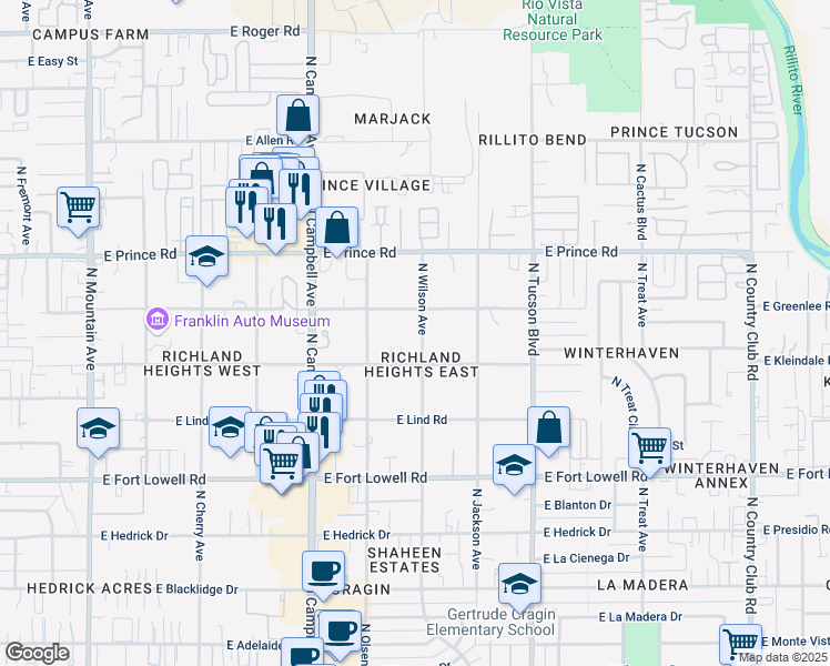 map of restaurants, bars, coffee shops, grocery stores, and more near 3437 North Wilson Avenue in Tucson