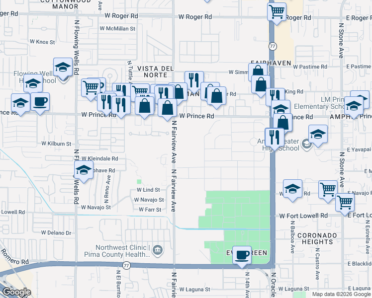 map of restaurants, bars, coffee shops, grocery stores, and more near 3450 North Fairview Avenue in Tucson