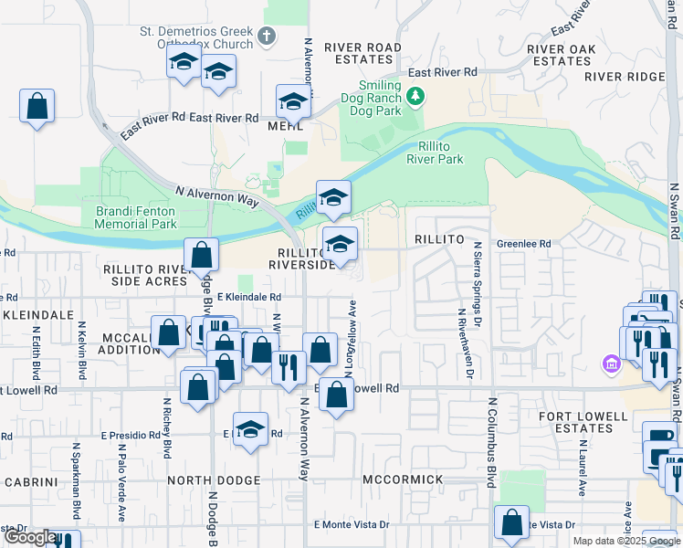 map of restaurants, bars, coffee shops, grocery stores, and more near 3950 East Paradise Falls Drive in Tucson