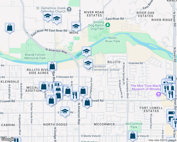 map of restaurants, bars, coffee shops, grocery stores, and more near 3950 East Paradise Falls Drive in Tucson