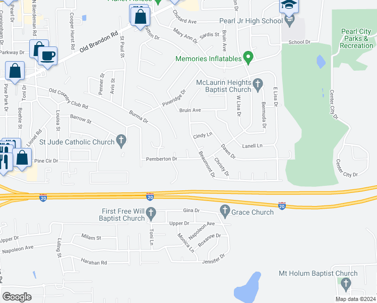 map of restaurants, bars, coffee shops, grocery stores, and more near 611 Pemberton Drive in Pearl