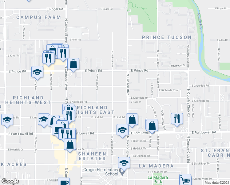 map of restaurants, bars, coffee shops, grocery stores, and more near 3444 North Jackson Avenue in Tucson