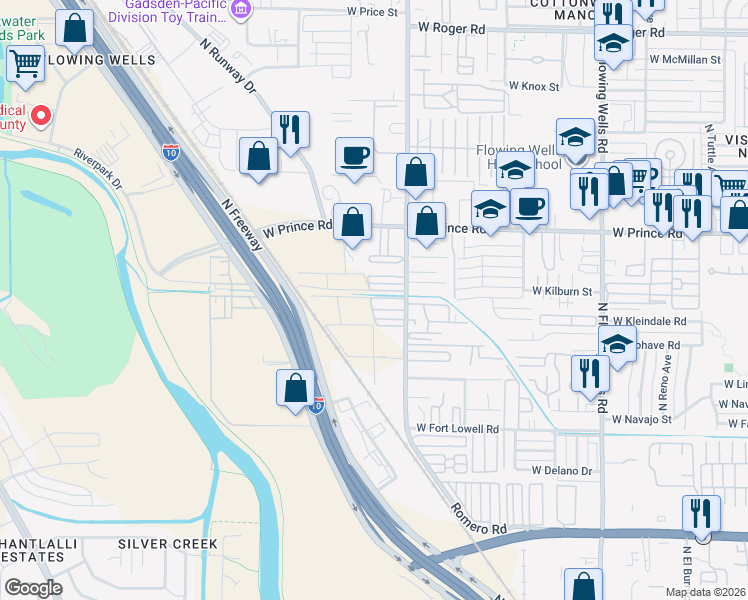 map of restaurants, bars, coffee shops, grocery stores, and more near 3405 North Romero Road in Tucson