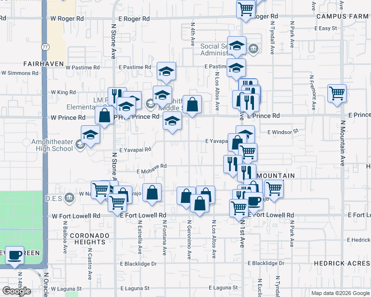 map of restaurants, bars, coffee shops, grocery stores, and more near 3438 North Geronimo Avenue in Tucson