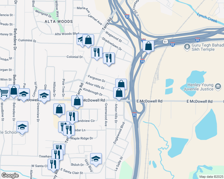 map of restaurants, bars, coffee shops, grocery stores, and more near 244 Arbor Hills Drive in Jackson