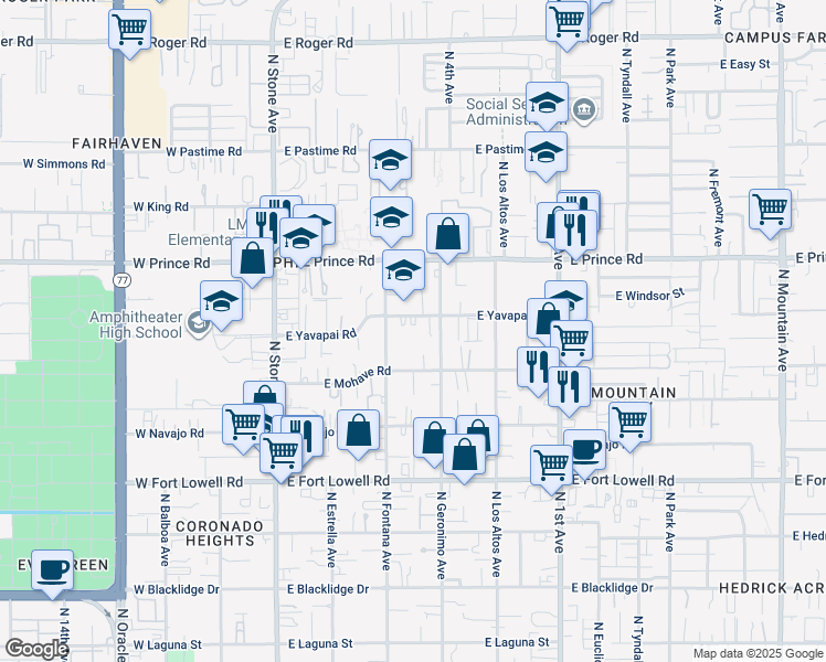 map of restaurants, bars, coffee shops, grocery stores, and more near 320 East Yavapai Road in Tucson
