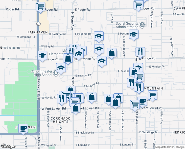 map of restaurants, bars, coffee shops, grocery stores, and more near 208 East Yavapai Road in Tucson
