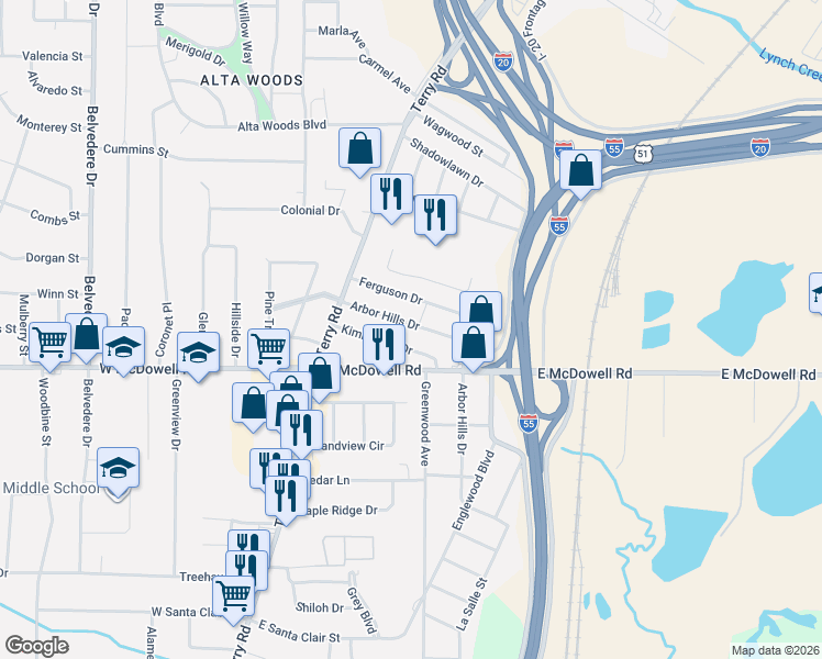 map of restaurants, bars, coffee shops, grocery stores, and more near 217 Arbor Hills Drive in Jackson