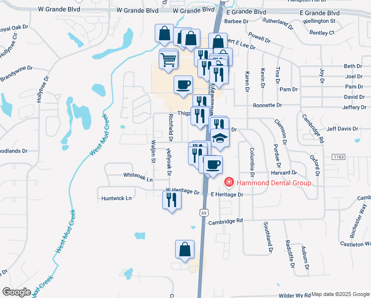 map of restaurants, bars, coffee shops, grocery stores, and more near 200 Muller Garden Road in Tyler