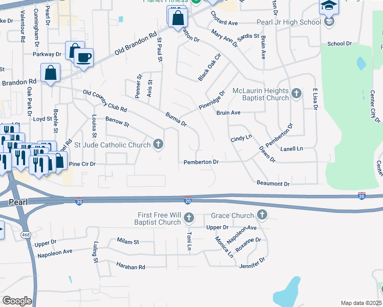 map of restaurants, bars, coffee shops, grocery stores, and more near 655 Pemberton Drive in Pearl