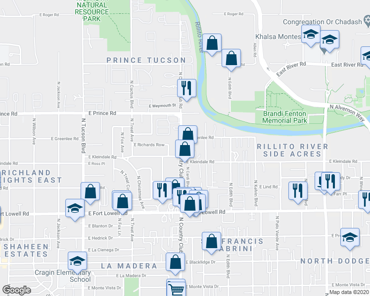 map of restaurants, bars, coffee shops, grocery stores, and more near 3438 North Country Club Road in Tucson