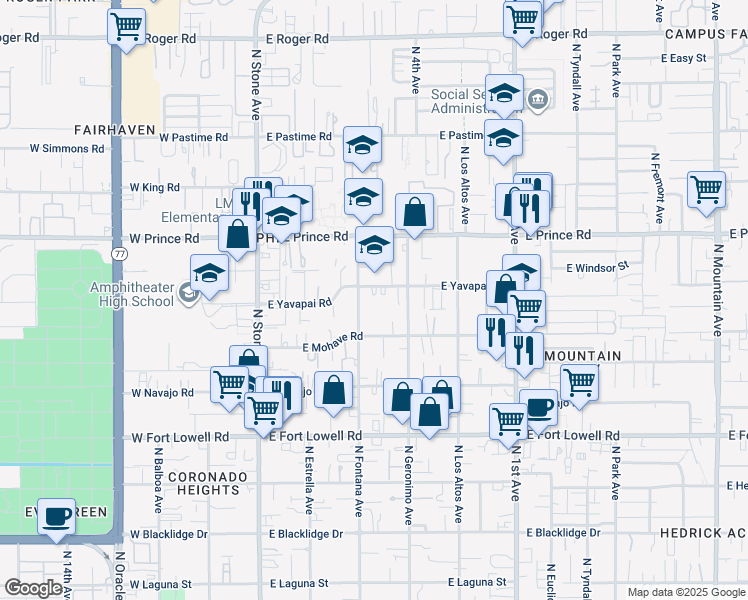map of restaurants, bars, coffee shops, grocery stores, and more near 320 East Yavapai Road in Tucson