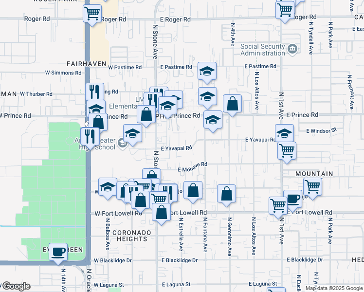 map of restaurants, bars, coffee shops, grocery stores, and more near 143 East Yavapai Road in Tucson