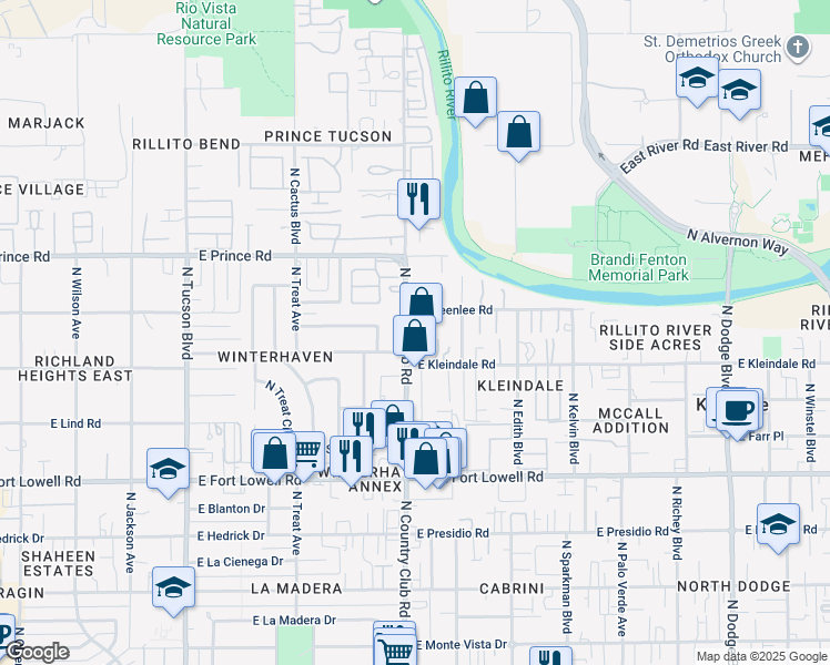 map of restaurants, bars, coffee shops, grocery stores, and more near 3438 North Country Club Road in Tucson