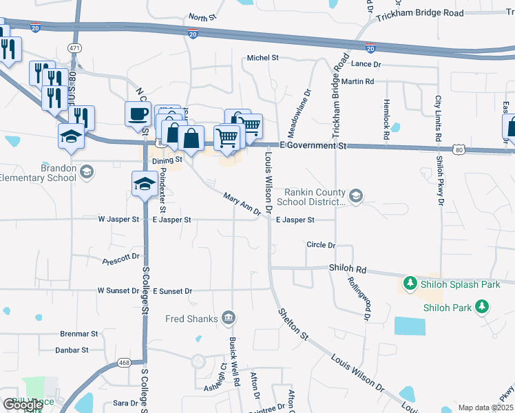 map of restaurants, bars, coffee shops, grocery stores, and more near 321 East Jasper Street in Brandon