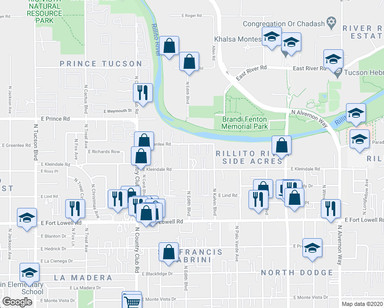map of restaurants, bars, coffee shops, grocery stores, and more near 3430 North Edith Boulevard in Tucson