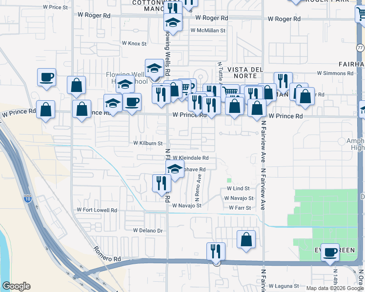 map of restaurants, bars, coffee shops, grocery stores, and more near 3450 North Flowing Wells Road in Tucson