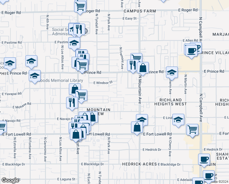 map of restaurants, bars, coffee shops, grocery stores, and more near 3455 North Fremont Avenue in Tucson