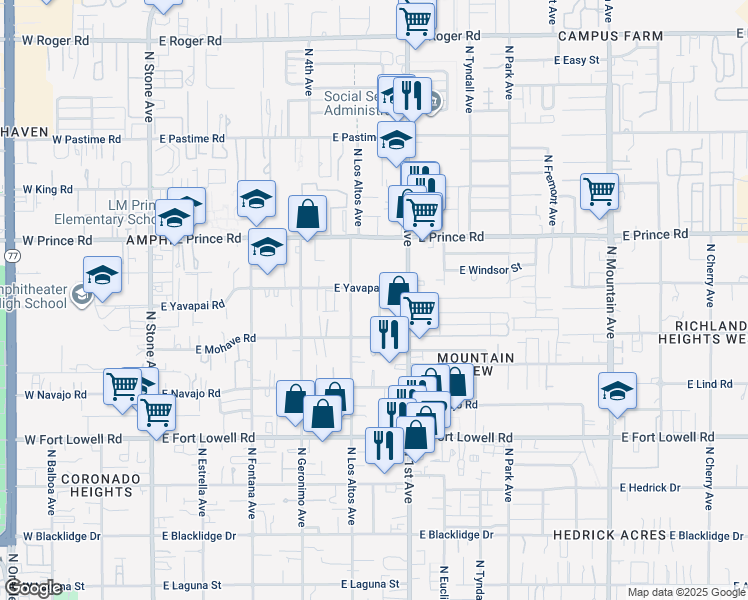 map of restaurants, bars, coffee shops, grocery stores, and more near 3431 North 2nd Avenue in Tucson