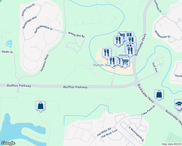 map of restaurants, bars, coffee shops, grocery stores, and more near Bluffton Pkwy in Bluffton