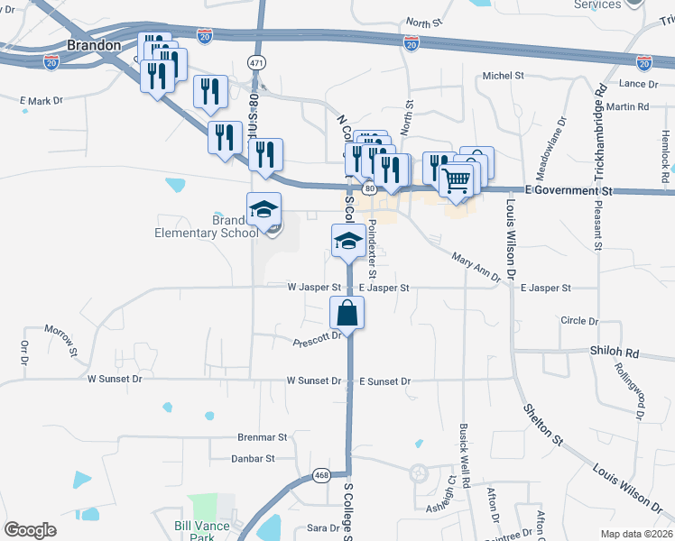 map of restaurants, bars, coffee shops, grocery stores, and more near College St in Brandon