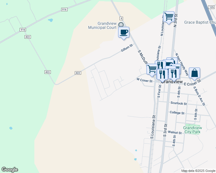 map of restaurants, bars, coffee shops, grocery stores, and more near 500 West Criner Street in Grandview