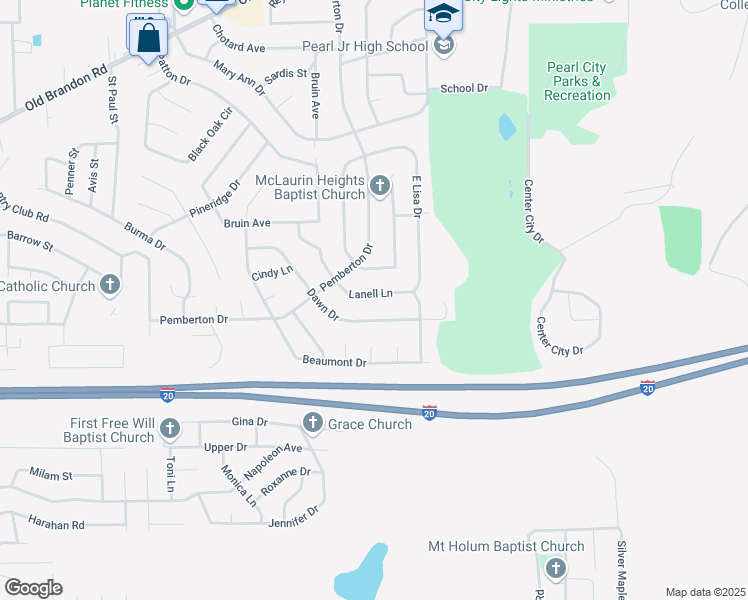 map of restaurants, bars, coffee shops, grocery stores, and more near 3443 Lanell Lane in Pearl