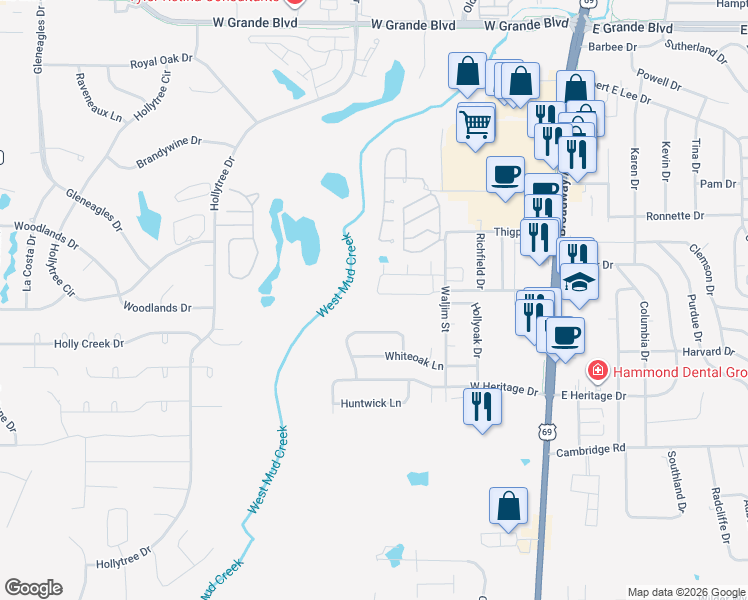 map of restaurants, bars, coffee shops, grocery stores, and more near 488 Preston Ridge Drive in Tyler