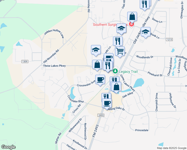 map of restaurants, bars, coffee shops, grocery stores, and more near 7334 Crosswater in Tyler
