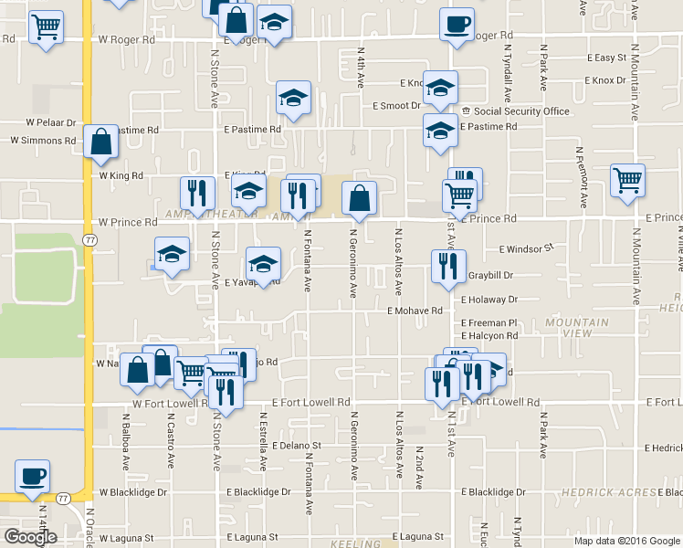 map of restaurants, bars, coffee shops, grocery stores, and more near 3438 North Geronimo Avenue in Tucson