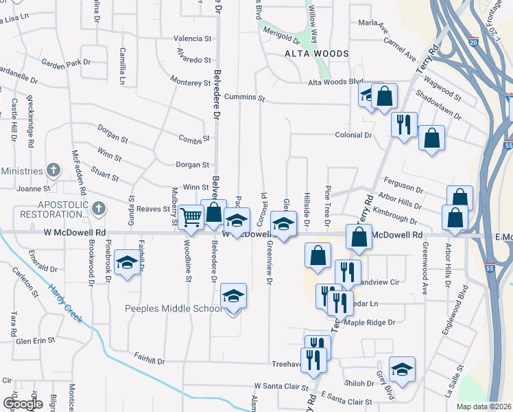 map of restaurants, bars, coffee shops, grocery stores, and more near 2541 Coronet Place in Jackson