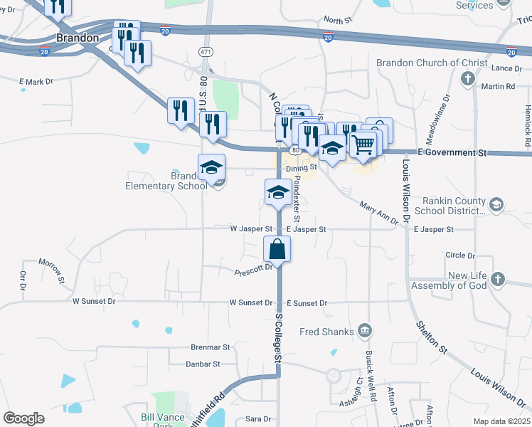 map of restaurants, bars, coffee shops, grocery stores, and more near 408 South College Street in Brandon