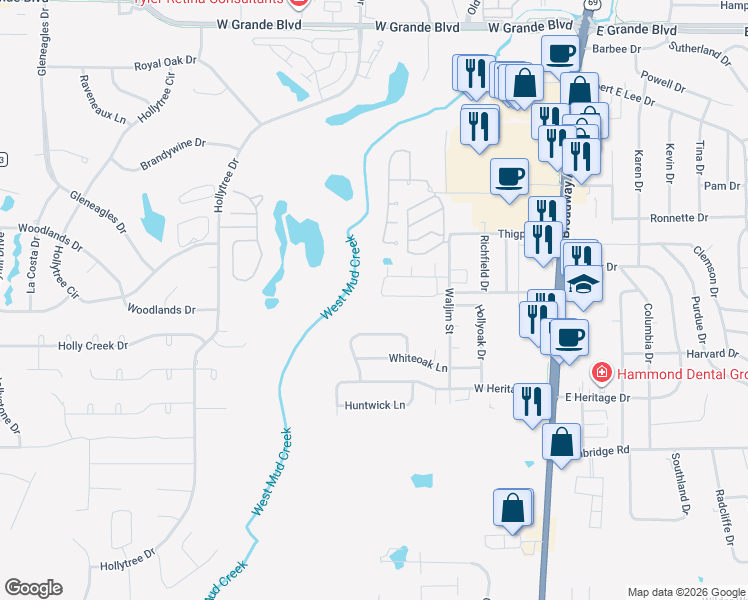 map of restaurants, bars, coffee shops, grocery stores, and more near 488 Preston Ridge Drive in Tyler