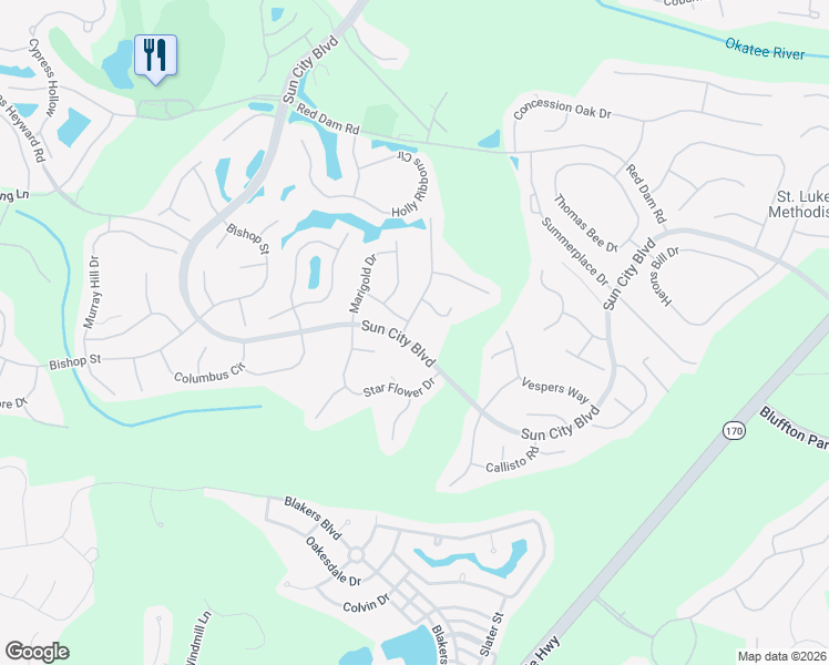 map of restaurants, bars, coffee shops, grocery stores, and more near 6 Wandering Daisy Drive in Okatie