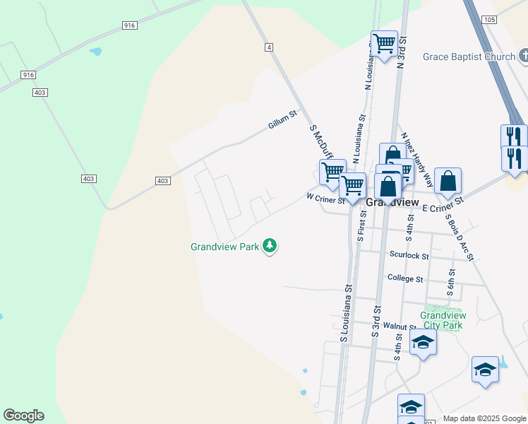 map of restaurants, bars, coffee shops, grocery stores, and more near 501 West Criner Street in Grandview