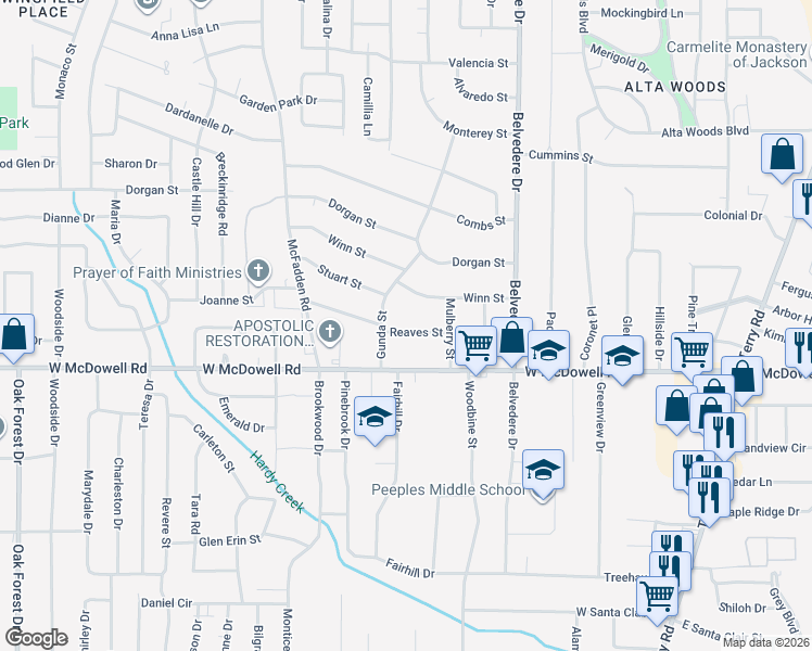 map of restaurants, bars, coffee shops, grocery stores, and more near 843 Reaves Street in Jackson