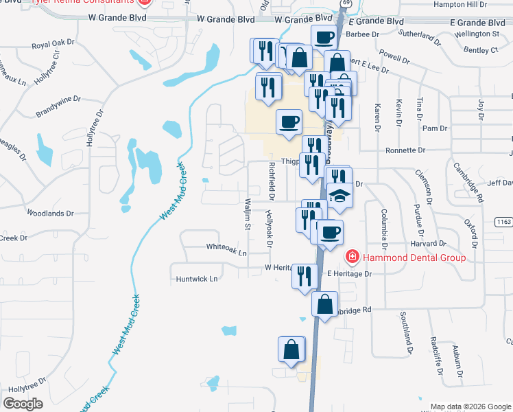 map of restaurants, bars, coffee shops, grocery stores, and more near 412 Hollyoak Drive in Tyler